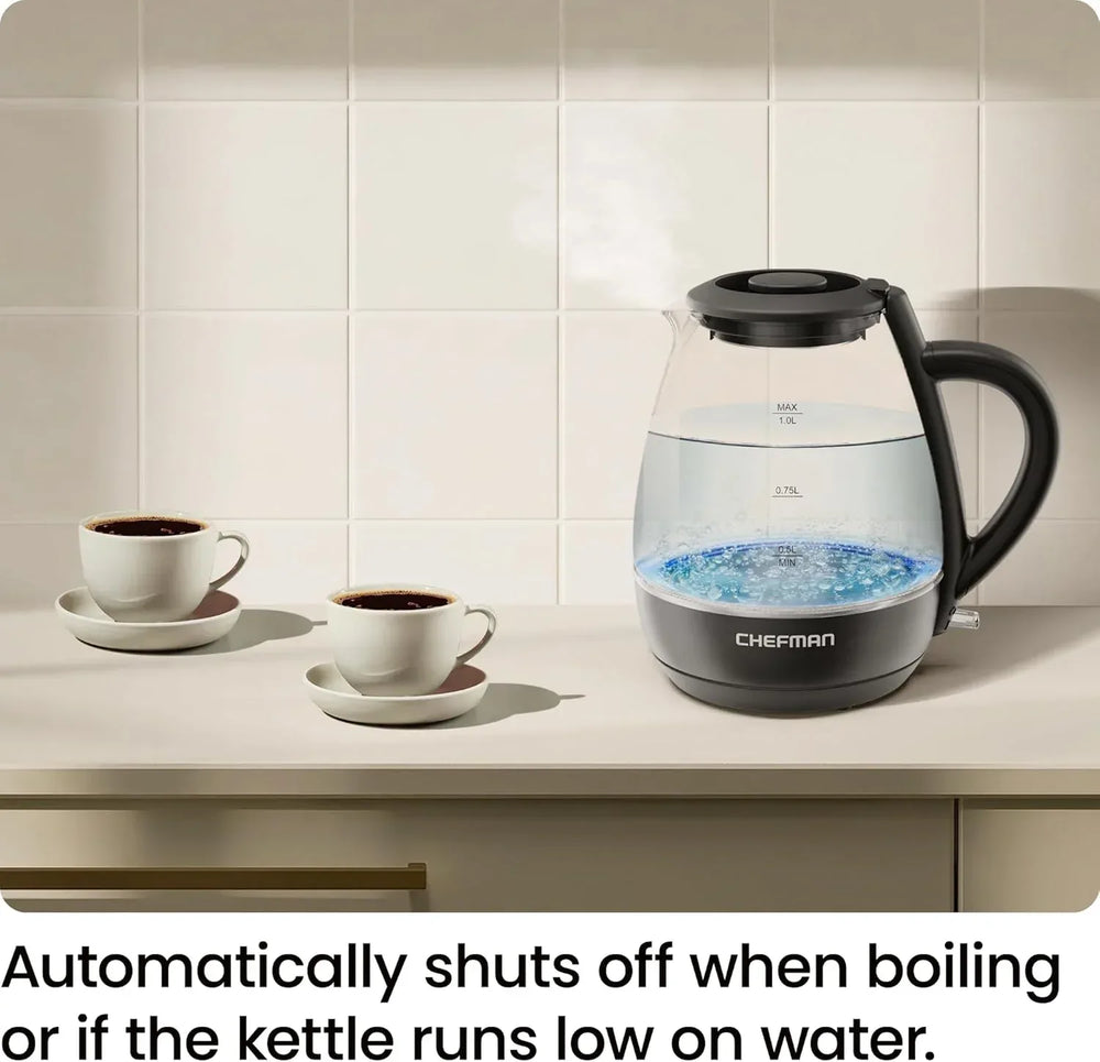 Chefman 1L Electric Glass Kettle w/ LED Indicator Light, Automatic Shutoff - Black - USA MEGA SHOP