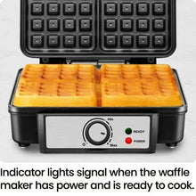 4-slice Belgian waffle maker with open plates, ready/power indicator lights and waffles