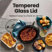Slow cooker with tempered glass lid and visible food inside