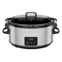 Stainless slow cooker with black locking lid and digital control panel
