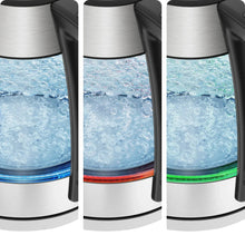 Stainless steel kettle with blue water and colored temperature ring accents