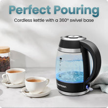 Black cordless electric kettle with 360 swivel base and blue water level line