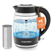 Black and stainless electric kettle with removable tea infuser and water level markings