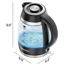Black and stainless electric kettle with water window and measurement layout