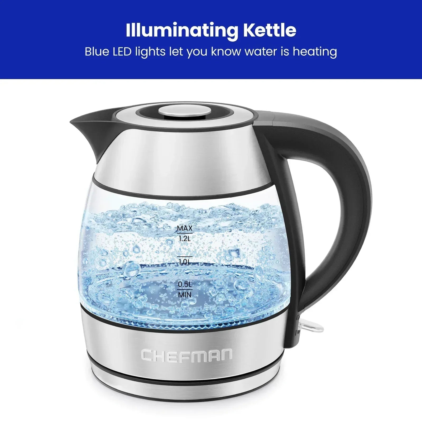 Chefman Rapid Boil 1.2L Electric Tea Kettle with Removable Lid - Stainless Steel