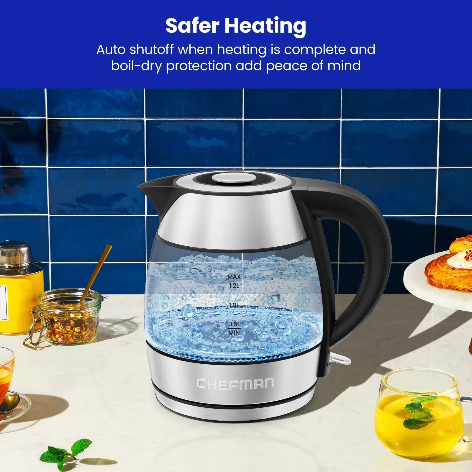 Chefman Rapid Boil 1.2L Electric Tea Kettle with Removable Lid - Stainless Steel - USA MEGA SHOP