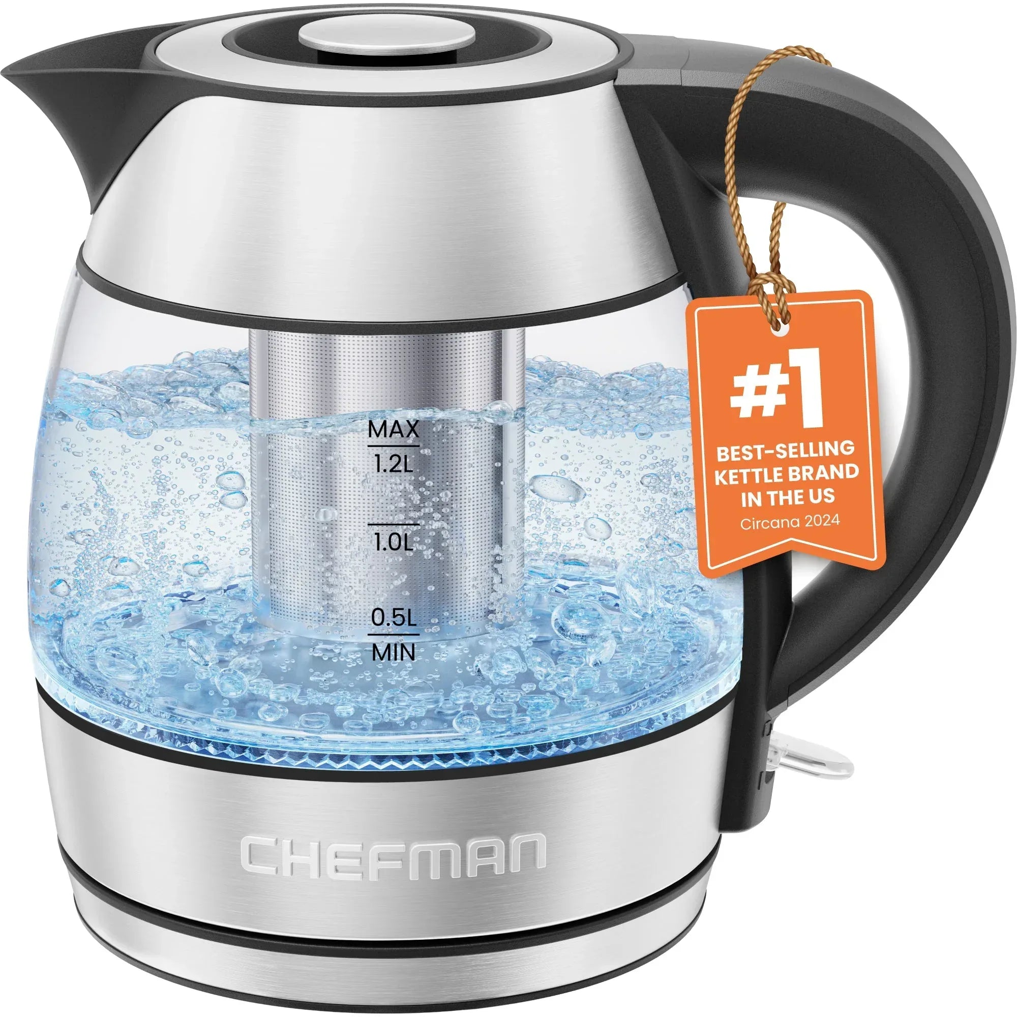 Chefman Rapid Boil 1.2L Electric Tea Kettle with Removable Lid - Stainless Steel - USA MEGA SHOP