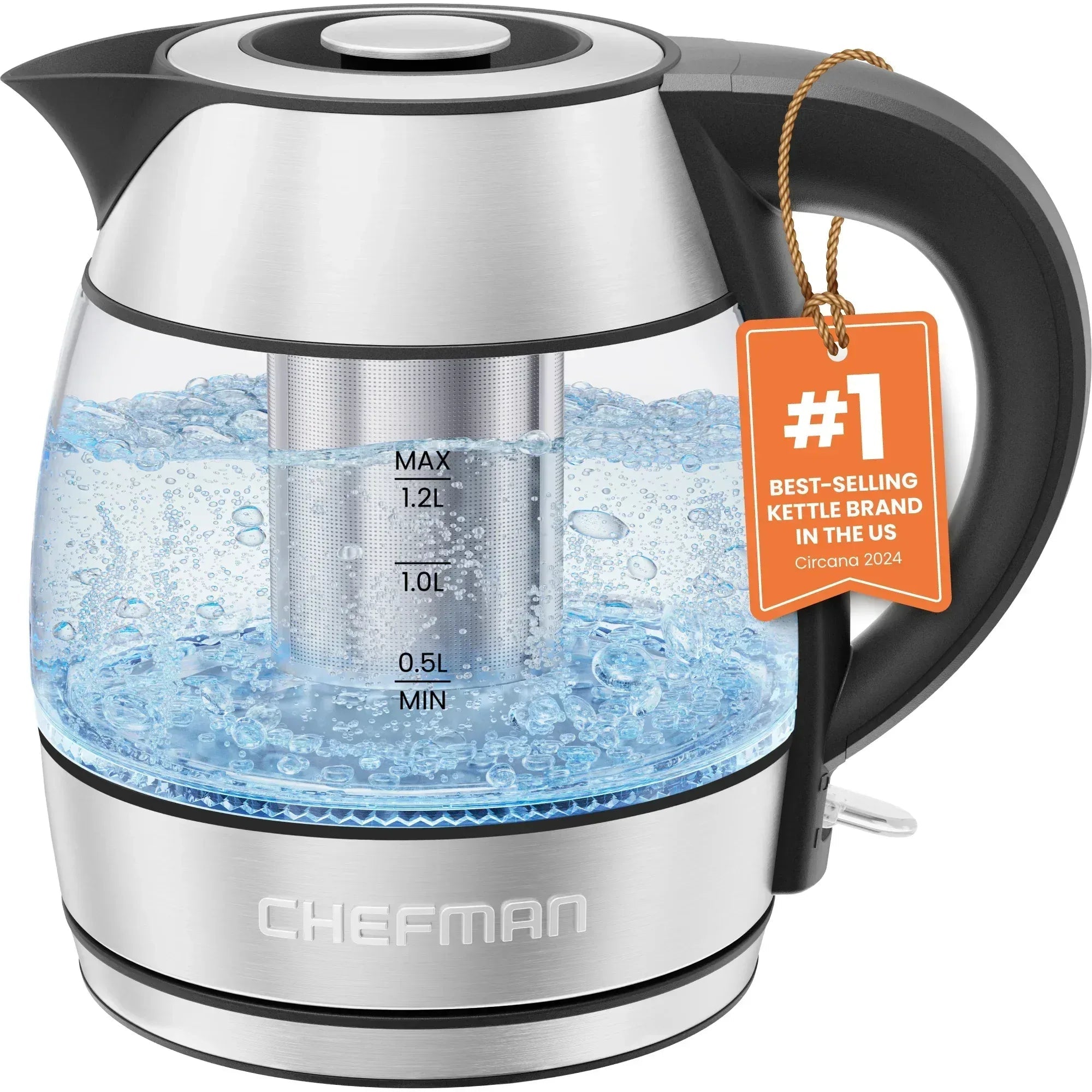 Chefman Rapid Boil 1.2L Electric Tea Kettle with Removable Lid - Stainless Steel