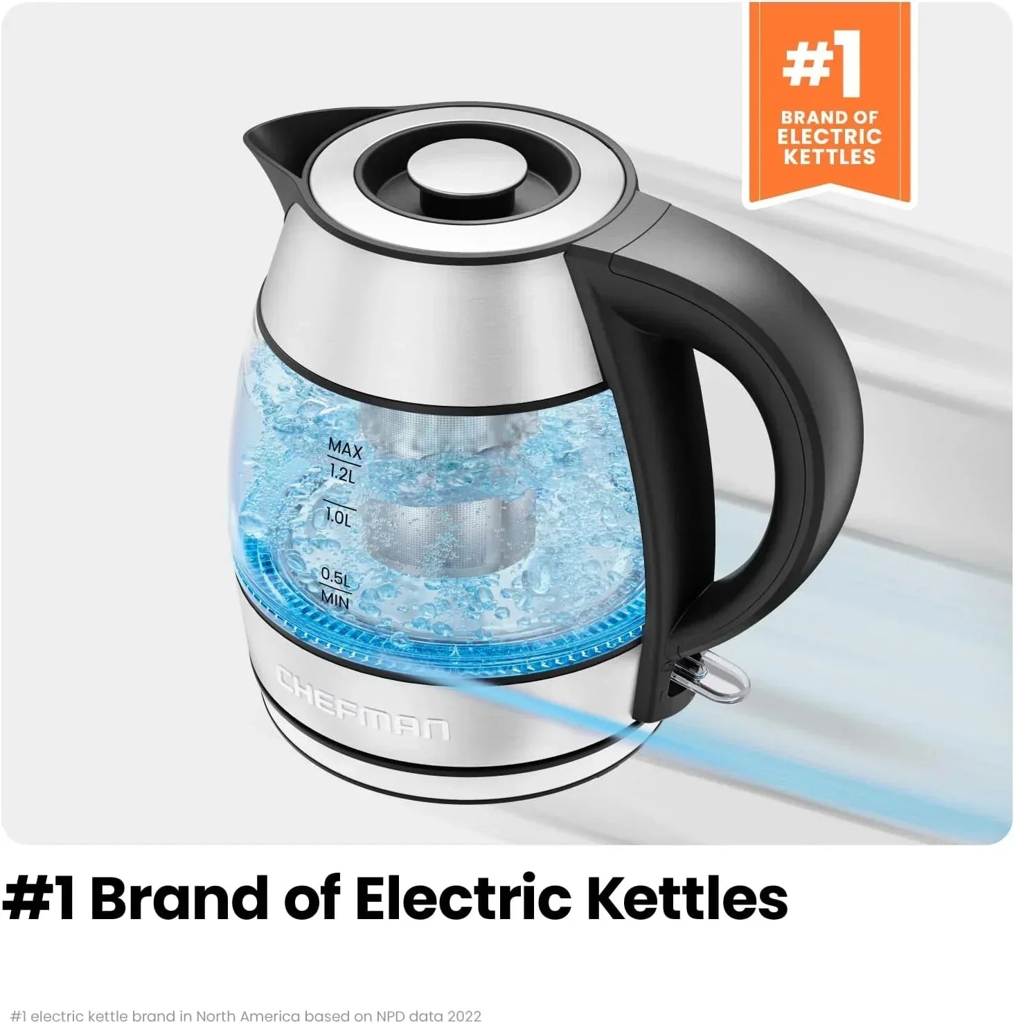 Chefman Rapid Boil 1.2L Electric Tea Kettle with Removable Lid - Stainless Steel