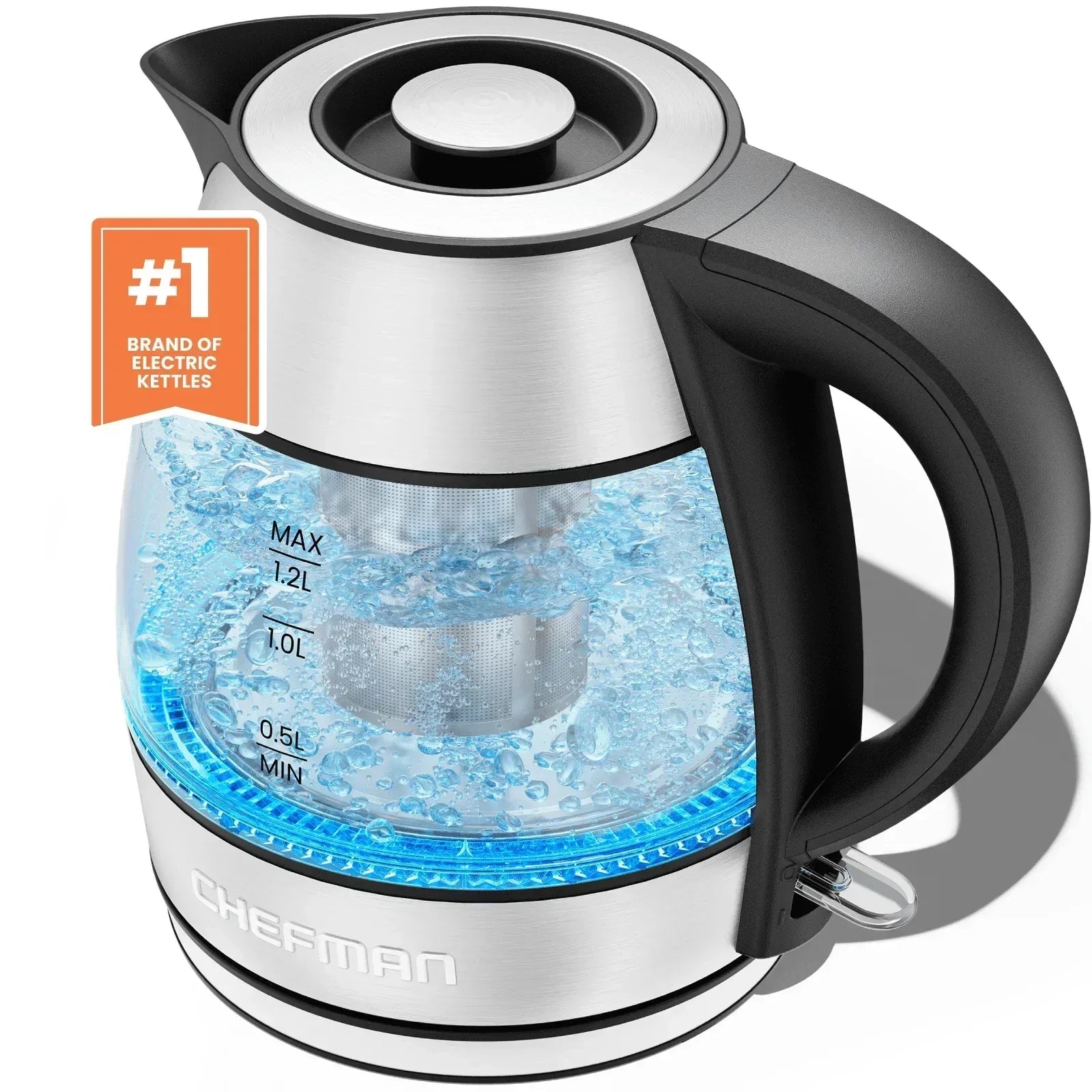 Chefman Rapid Boil 1.2L Electric Tea Kettle with Removable Lid - Stainless Steel