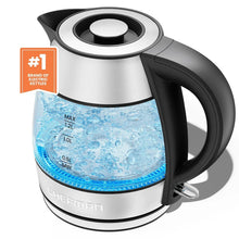 Stainless steel electric tea kettle with black handle and lid, 1.2L water window