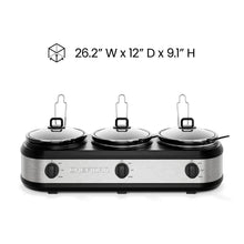 Stainless triple slow cooker with three domed lids and three control knobs