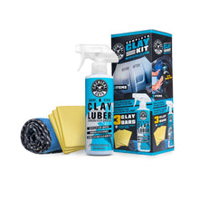 Car clay kit with spray bottle, retail box, blue microfiber towel, and yellow clay bars