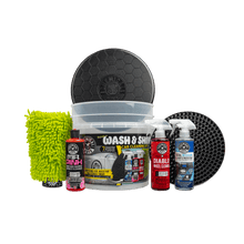 Car wash kit with wash & shine bucket, microfiber mitt, and assorted cleaning bottles