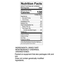 Nutrition Facts label on dried cherries pouch with calories and ingredient list