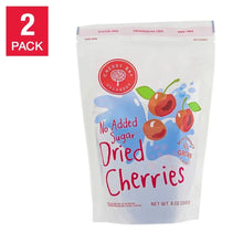 White pouch of no-added-sugar dried cherries with red logo and cherry graphics