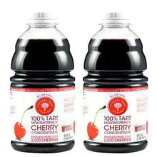 Two tart cherry concentrate bottles with screw caps and front labels