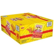 Yellow fries snack carton with Chester’s logo, 50 bags count and barcode on side
