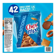Snack mix pouch, blue bag with nutrition label and 42 single-serve text.