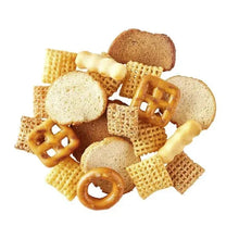 Snack mix assortment of crackers, pretzel rings, and crunchy pieces.
