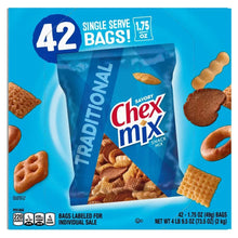 Traditional Chex Mix snack pouch, blue bag labeled 42 single-serve, 1.75 oz.