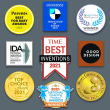 Baby bottle awards and badges graphic on a product info background