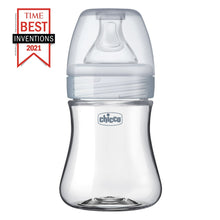 5 oz baby bottle with neutral clear body, gray cap, and vented nipple