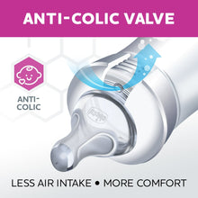 Anti-colic valve close-up for a clear baby bottle with vented airflow graphic