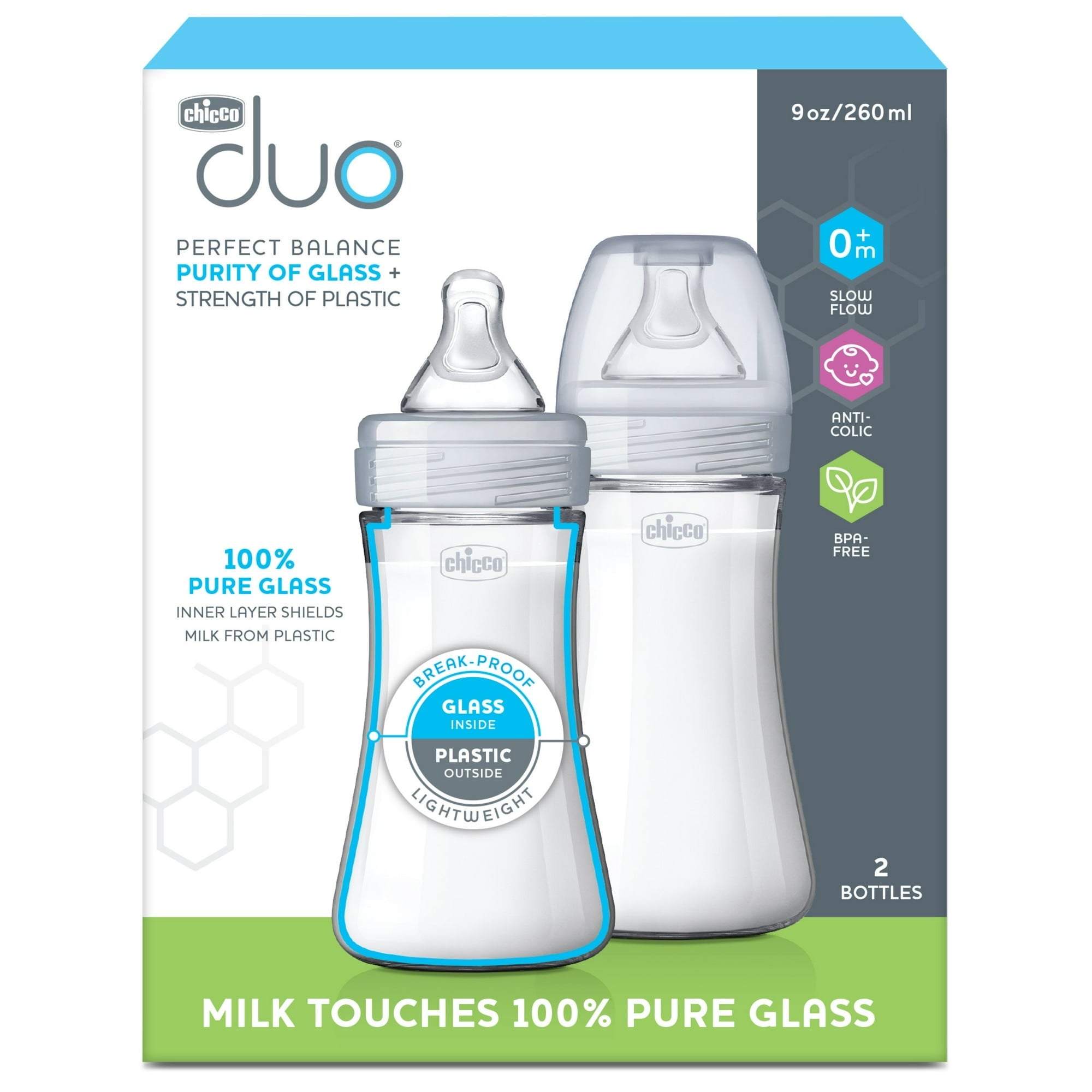 Chicco Duo Hybrid Baby Bottle, Invinci-Glass Inside/Plastic Outside, 9oz, 2-Pack - Neutral, New