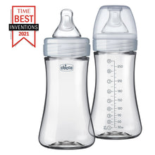 Two clear baby bottles with anti-colic silicone nipples, neutral design, stackable shape