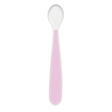 Pink silicone feeding spoon with soft white tip