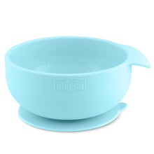 Teal silicone baby feeding bowl with wide base and raised rim