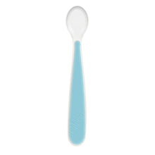 Teal silicone baby spoon with white silicone tip