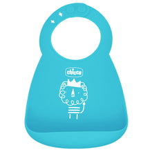 Teal silicone baby feeding bib with character graphic