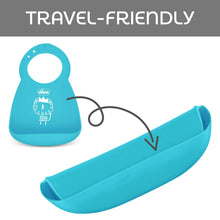 Teal silicone feeding bib and curved travel feeding tray