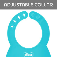 Teal silicone baby feeding bib collar with adjustable loop and paw icon print