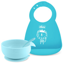 Teal silicone baby feeding bib with character graphic and adjustable collar