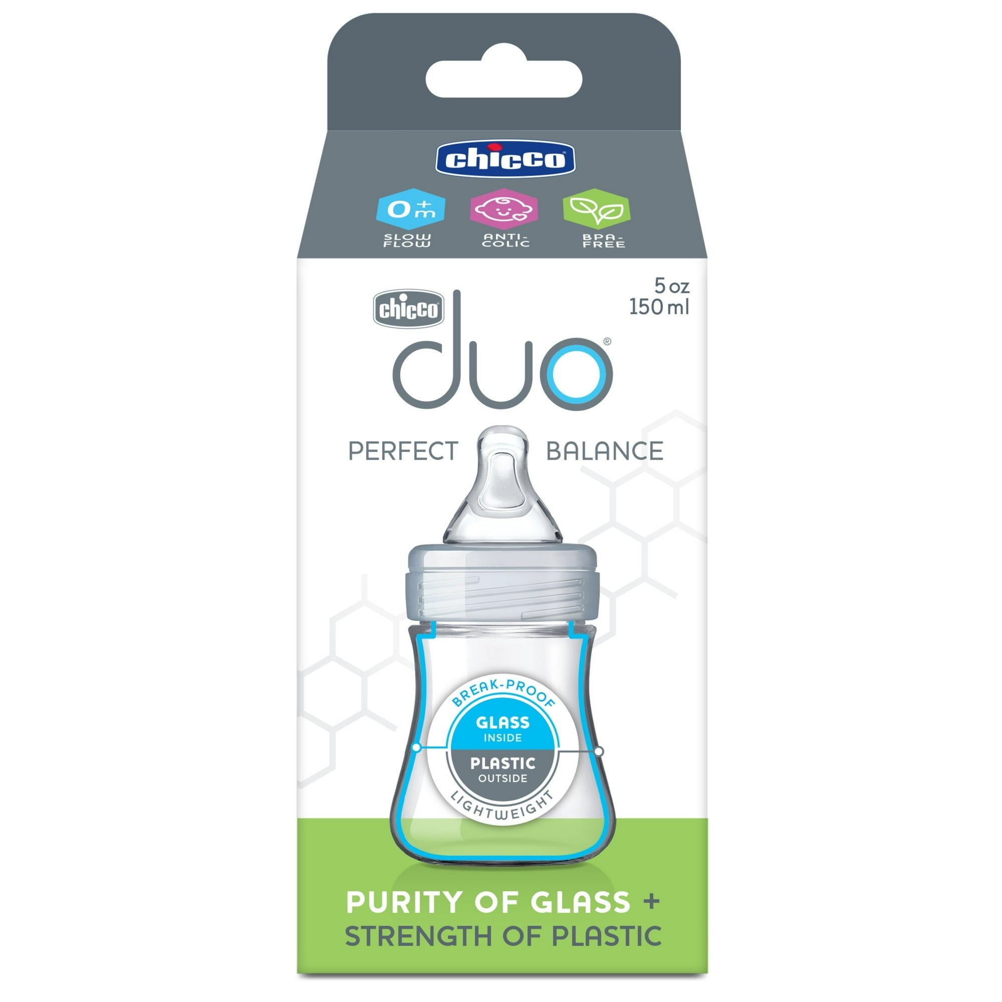Chicco Duo Hybrid Baby Bottle, Invinci-Glass Inside/Plastic Outside, 5oz - Neutral, New