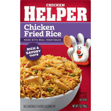Chicken fried rice seasoning mix box with cartoon chicken helper and bowl graphic