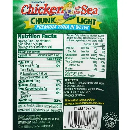 Chicken of the Sea, Chunk Light Premium Tuna in Water, 7 oz, 12-Count