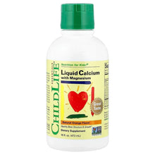 Liquid calcium supplement bottle with magnesium, natural orange flavor, green cap