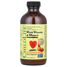 Kids multivitamin bottle with black cap, natural orange and mango flavor