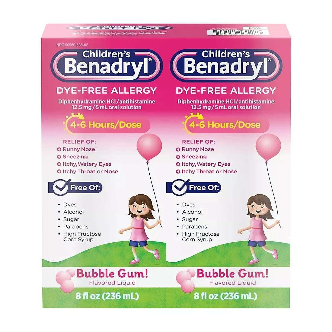 Children’s Benadryl Dye-Free Allergy Relief Liquid, Bubble Gum Flavor, 8 fl oz Bottles, 2 Pack