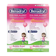 Benadryl dye-free allergy relief liquid bottles, bubble gum flavor, 8 fl oz, 2 pack
