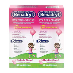 Children’s Benadryl Dye-Free Allergy Relief Liquid, Bubble Gum Flavor, 8 fl oz Bottles, 2 Pack