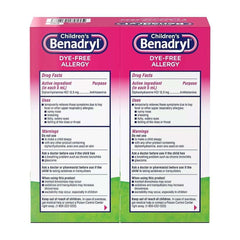 Children’s Benadryl Dye-Free Allergy Relief Liquid, Bubble Gum Flavor, 8 fl oz Bottles, 2 Pack