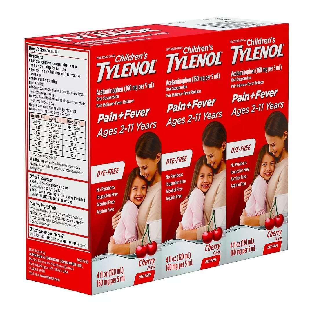 Children's Tylenol Pain + Fever Dye-Free Medicine, Cherry Flavor, 3 x 4 fl oz