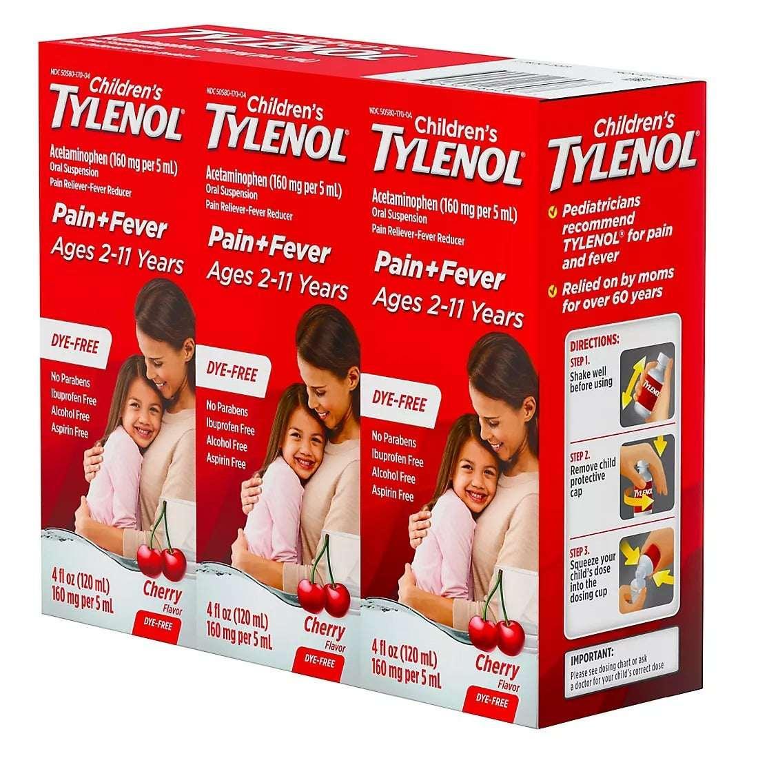 Children's Tylenol Pain + Fever Dye-Free Medicine, Cherry Flavor, 3 x 4 fl oz