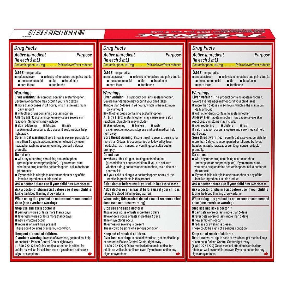 Children's Tylenol Pain + Fever Dye-Free Medicine, Cherry Flavor, 3 x 4 fl oz