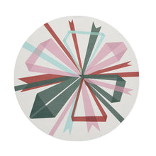 Round woven placemat with centered multicolor bowburst print in red, teal, and green